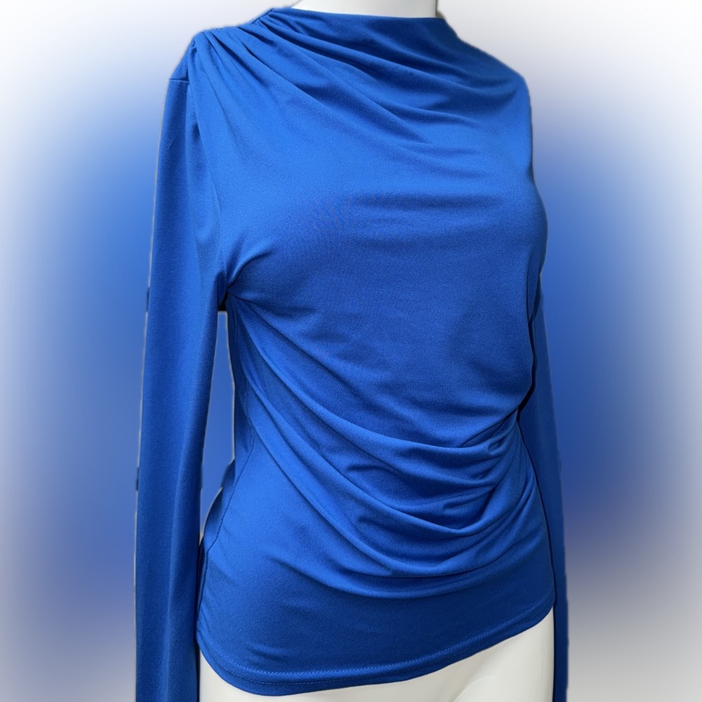 🅼 Vavine Solid Blue Ruched Front Flare Sleeve